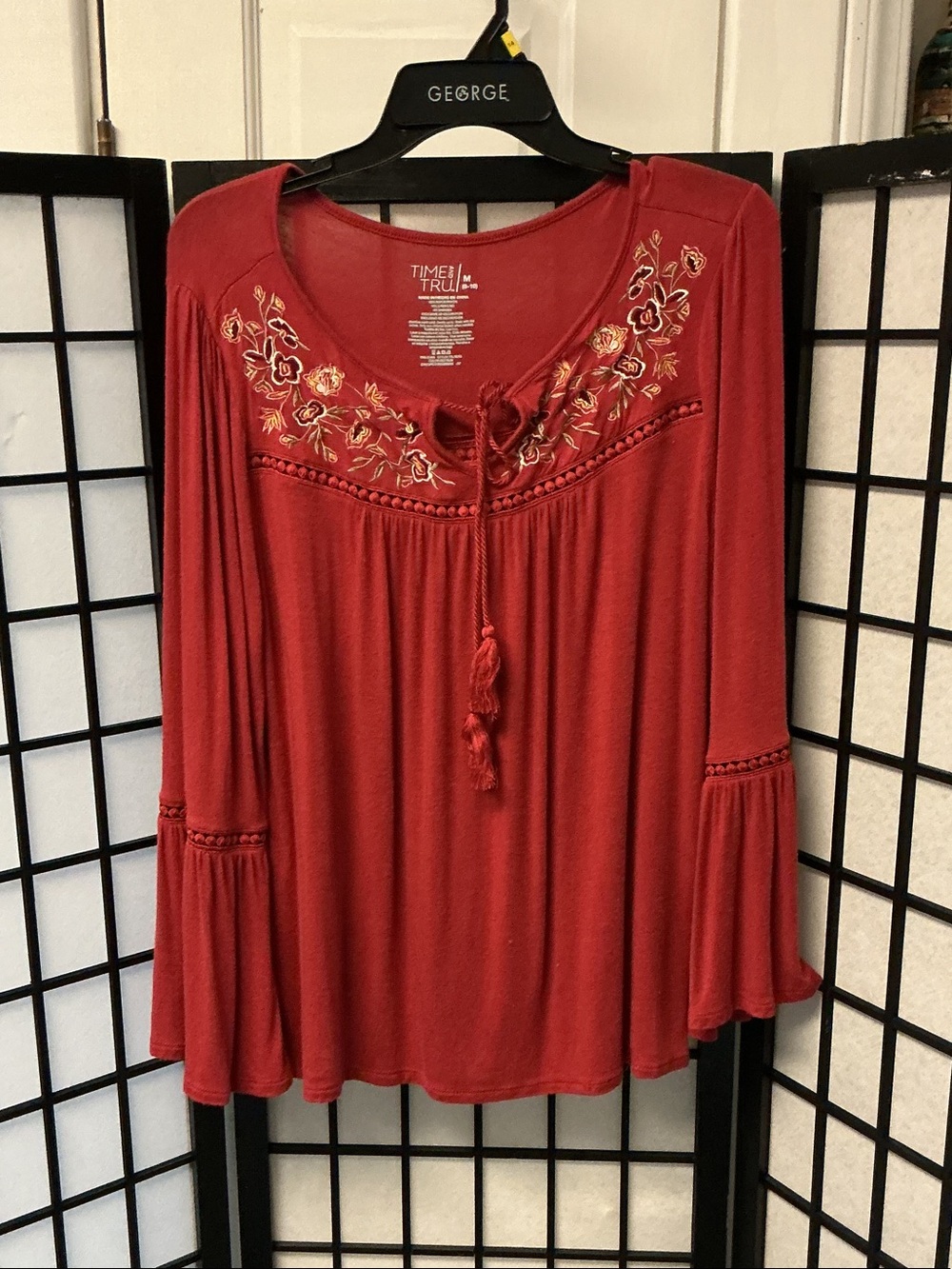 Time and Tru Rust Red Embroidered Peasant Tunic